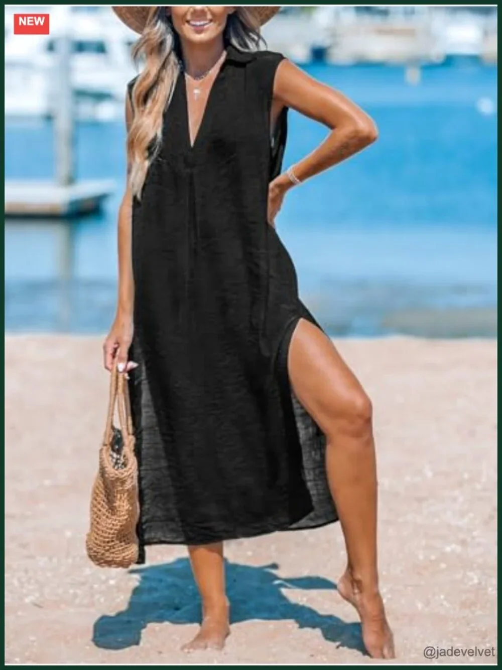 Sleeveless V Neck Midi Beach Dress with Side Split